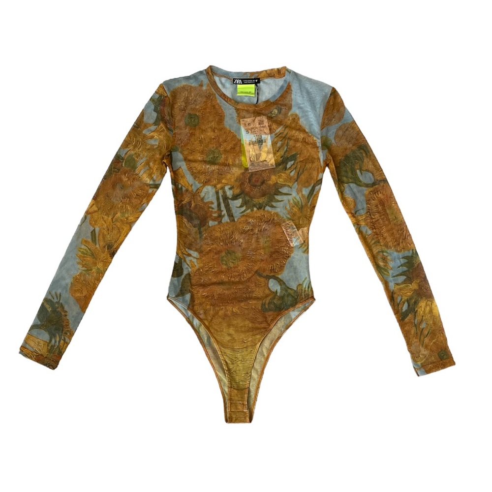 ZARA NWOT TULLE VAN GOGH SUNFLOWER BODYSUIT **no tags** size small